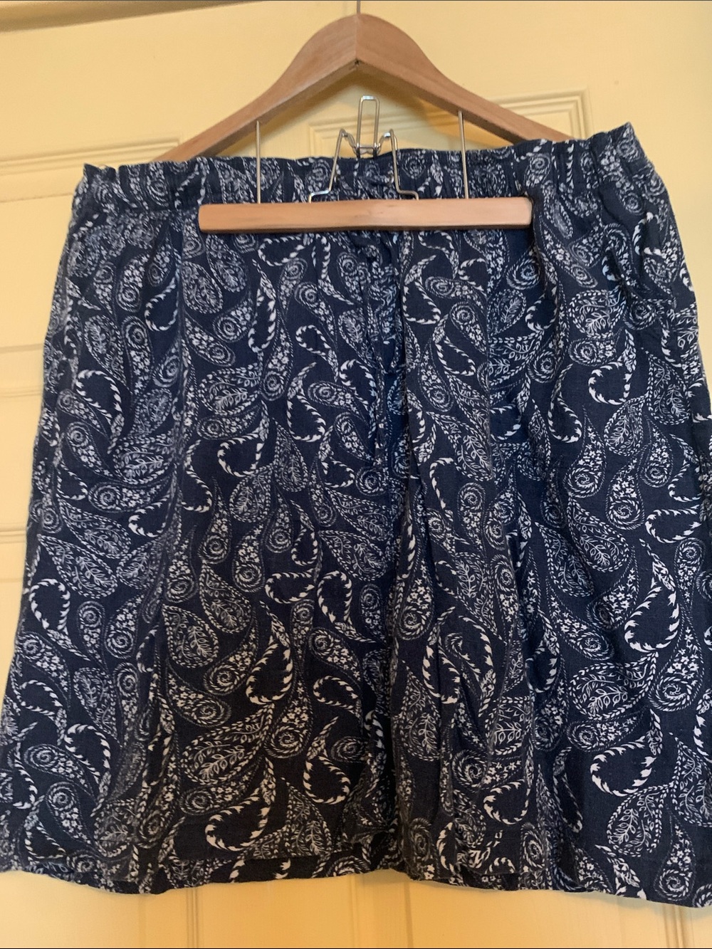 Per Se Linen Midi Skirt Navy Blue White Paisley Beach Boho Summer Coastal
